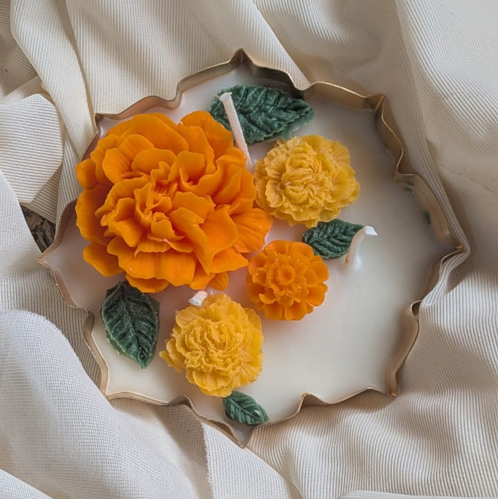 Phoolon Ki Mehfil - Marigold and Mogra Urli Candles, 4.5 Inch, Set of 2