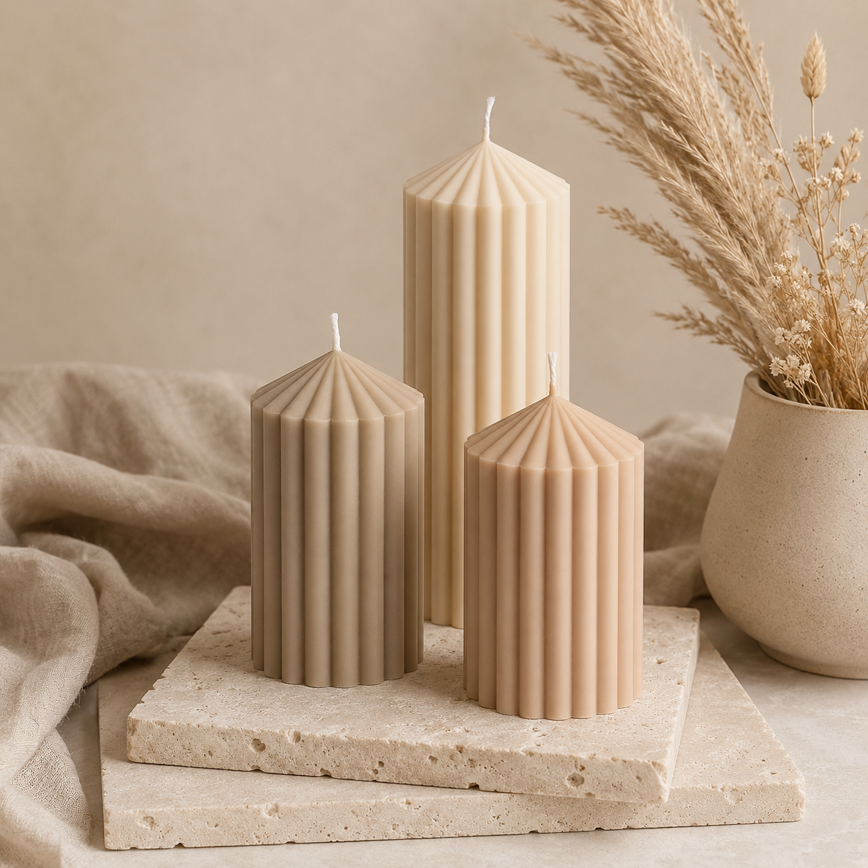 Ribbed Pillar Candle Set of 3