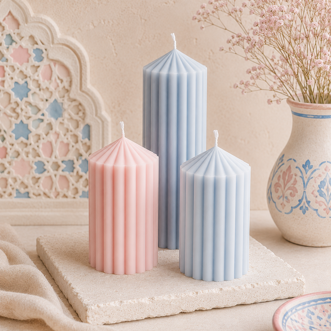 Ribbed Pillar Candle Set of 3