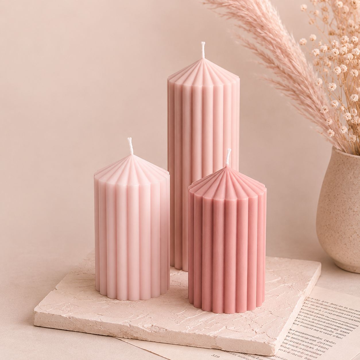 Ribbed Pillar Candle Set of 3